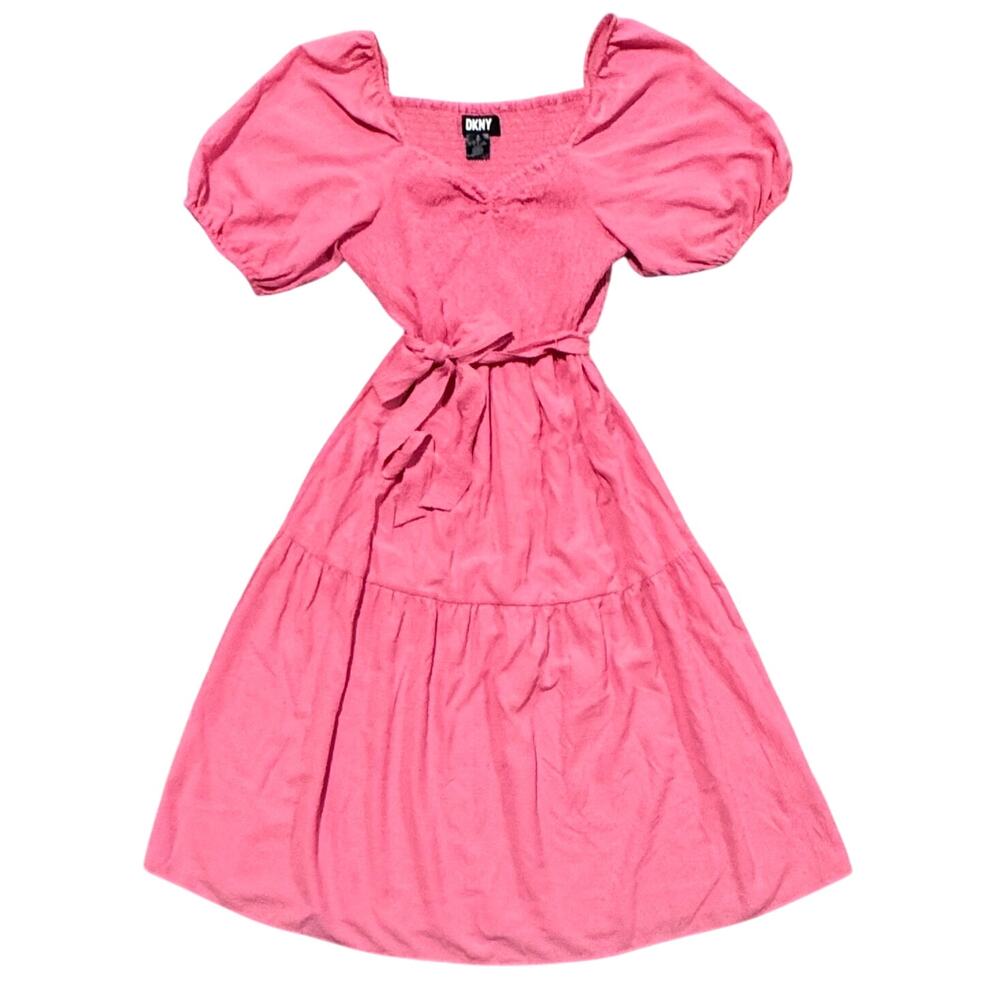 DKNY Smocked Puff Short‎ Sleeve PinkCoral Belt Tie Dress 12 Midi Tiered Milkmaid
